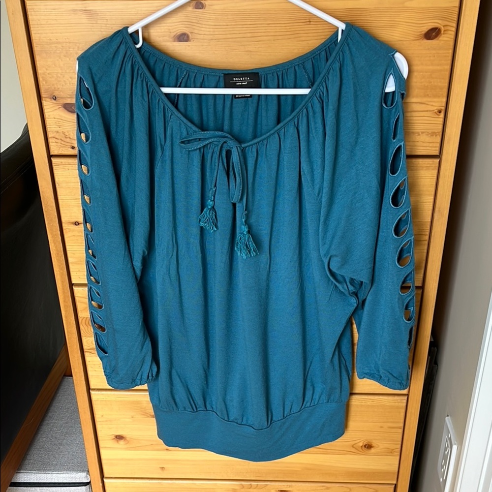 Deletta Blue Tie Front Blouse with Cut Out Sleeves SIZE XS
